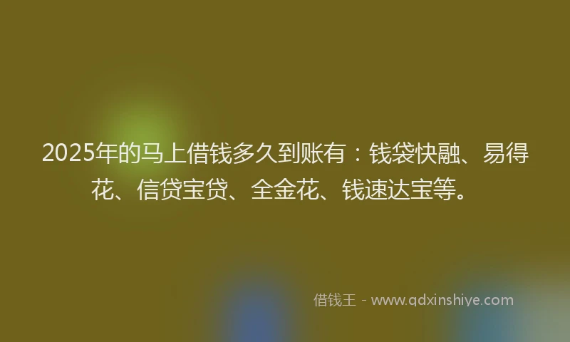 2025年的马上借钱多久到账有：钱袋快融、易得花、信贷宝贷、全金花、钱速达宝等。