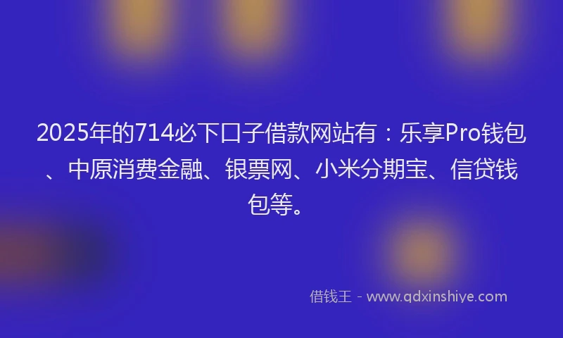 2025年的714必下口子借款网站有：乐享Pro钱包、中原消费金融、银票网、小米分期宝、信贷钱包等。