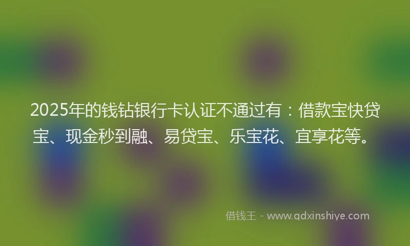 2025年的钱钻银行卡认证不通过有：借款宝快贷宝、现金秒到融、易贷宝、乐宝花、宜享花等。