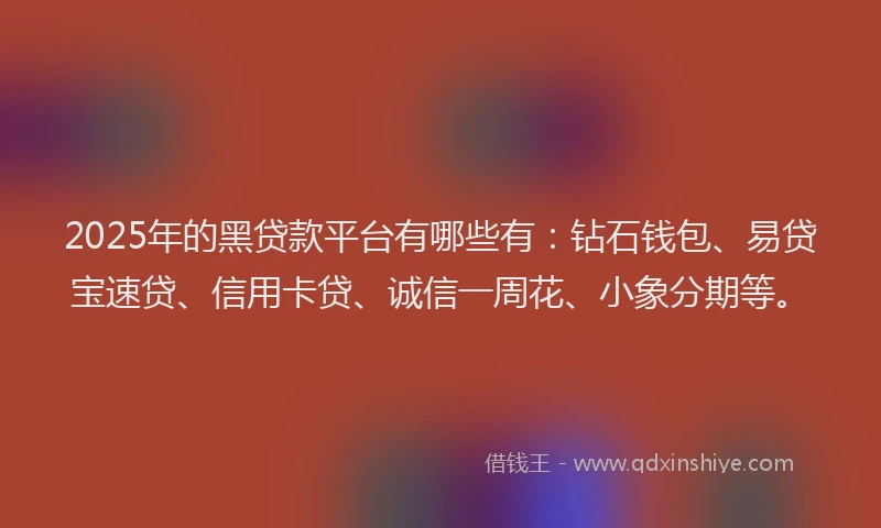 2025年的黑贷款平台有哪些有：钻石钱包、易贷宝速贷、信用卡贷、诚信一周花、小象分期等。