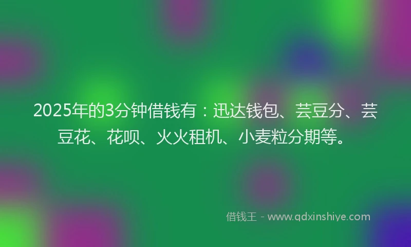 2025年的3分钟借钱有：迅达钱包、芸豆分、芸豆花、花呗、火火租机、小麦粒分期等。