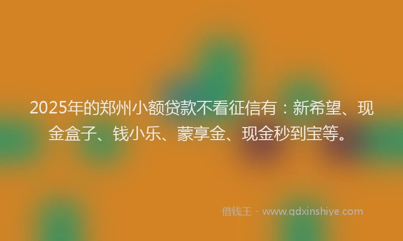2025年的郑州小额贷款不看征信有：新希望、现金盒子、钱小乐、蒙享金、现金秒到宝等。