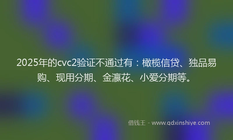 2025年的cvc2验证不通过有：橄榄信贷、独品易购、现用分期、金瀛花、小爱分期等。