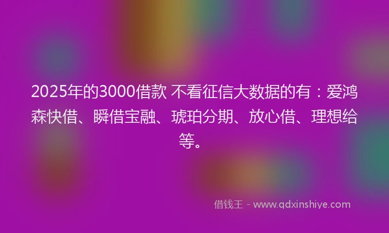 2025年的3000借款 不看征信大数据的有：爱鸿森快借、瞬借宝融、琥珀分期、放心借、理想给等。