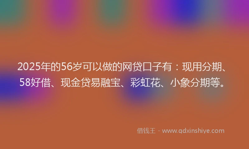 2025年的56岁可以做的网贷口子有:现用分期、58好借、现金贷易融宝、彩虹花、小象分期等。