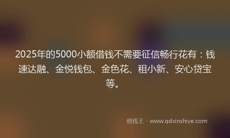 2025年的5000小额借钱不需要征信畅行花有：钱速达融、金悦钱包、金色花、租小新、安心贷宝等。