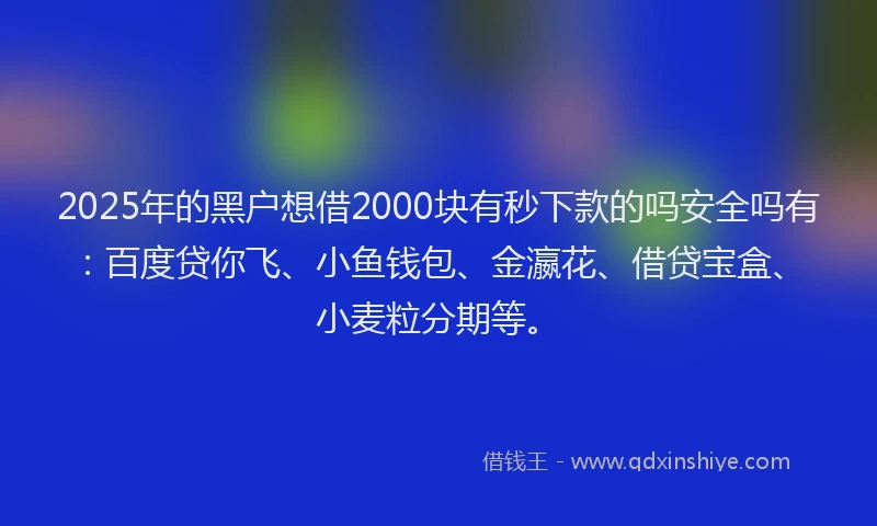 2025年的黑户想借2000块有秒下款的吗安全吗有：百度贷你飞、小鱼钱包、金瀛花、借贷宝盒、小麦粒分期等。
