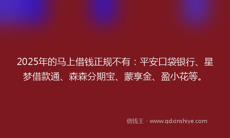 2025年的马上借钱正规不有：平安口袋银行、星梦借款通、森森分期宝、蒙享金、盈小花等。