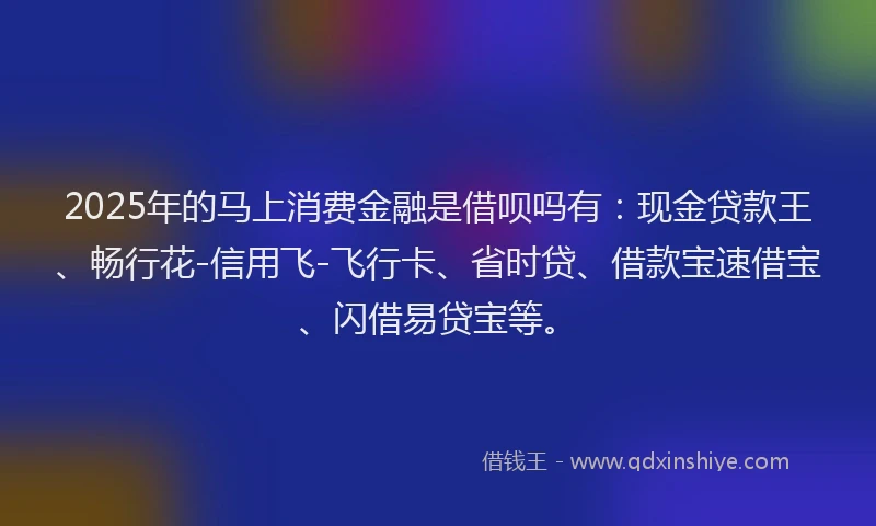 2025年的马上消费金融是借呗吗有:现金贷款王、畅行花-信用飞-飞行卡、省时贷、借款宝速借宝、闪借易贷宝等。