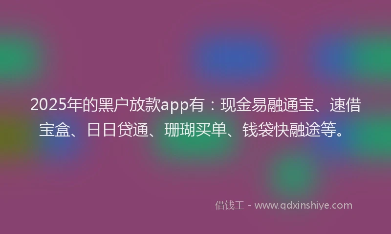 2025年的黑户放款app有：现金易融通宝、速借宝盒、日日贷通、珊瑚买单、钱袋快融途等。