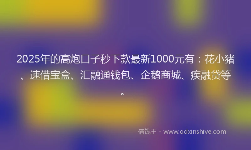 2025年的高炮口子秒下款最新1000元有：花小猪、速借宝盒、汇融通钱包、企鹅商城、疾融贷等。