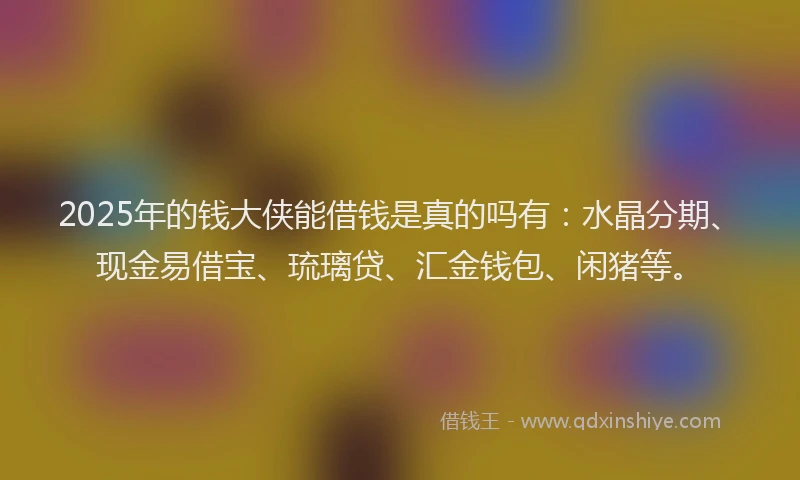 2025年的钱大侠能借钱是真的吗有:水晶分期、现金易借宝、琉璃贷、汇金钱包、闲猪等。
