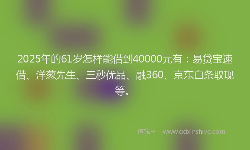 2025年的61岁怎样能借到40000元有：易贷宝速借、洋葱先生、三秒优品、融360、京东白条取现等。
