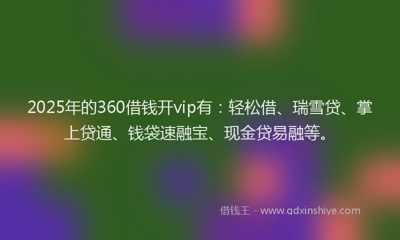 2025年的360借钱开vip有：轻松借、瑞雪贷、掌上贷通、钱袋速融宝、现金贷易融等。