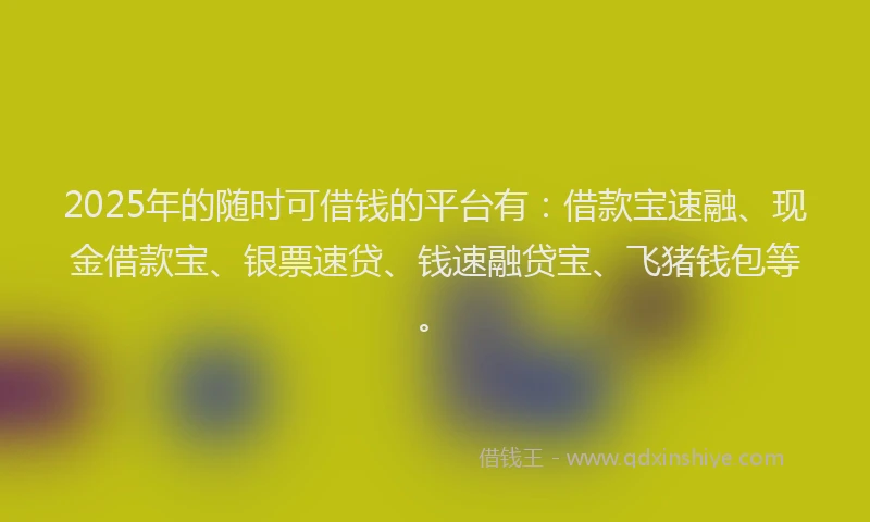 2025年的随时可借钱的平台有：借款宝速融、现金借款宝、银票速贷、钱速融贷宝、飞猪钱包等。