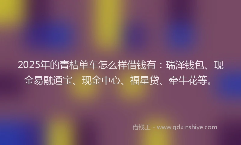 2025年的青桔单车怎么样借钱有：瑞泽钱包、现金易融通宝、现金中心、福星贷、牵牛花等。