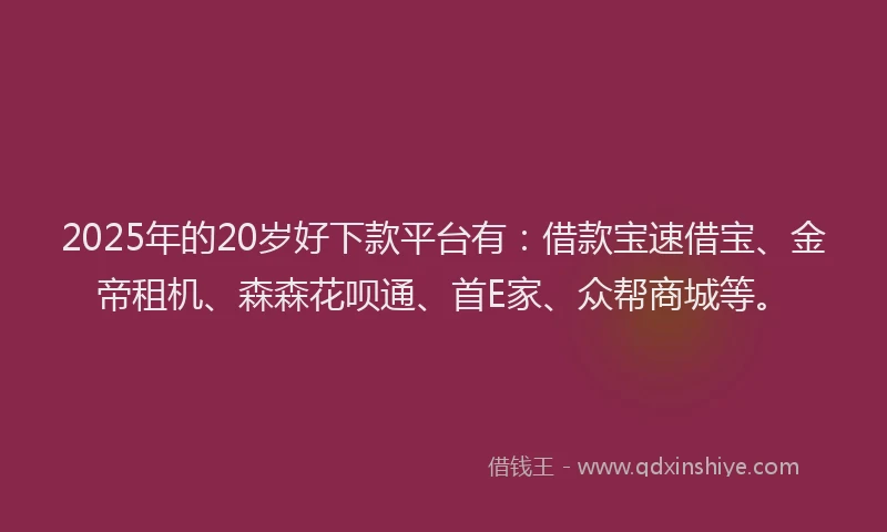 2025年的20岁好下款平台有：借款宝速借宝、金帝租机、森森花呗通、首E家、众帮商城等。