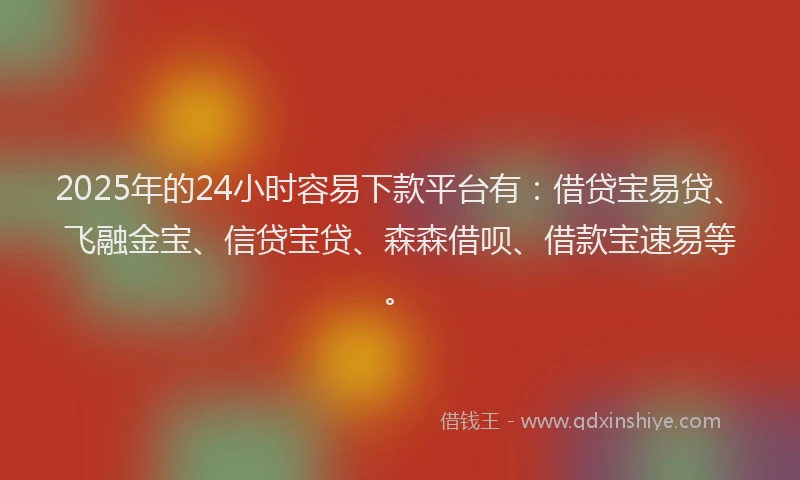 2025年的24小时容易下款平台有：借贷宝易贷、飞融金宝、信贷宝贷、森森借呗、借款宝速易等。