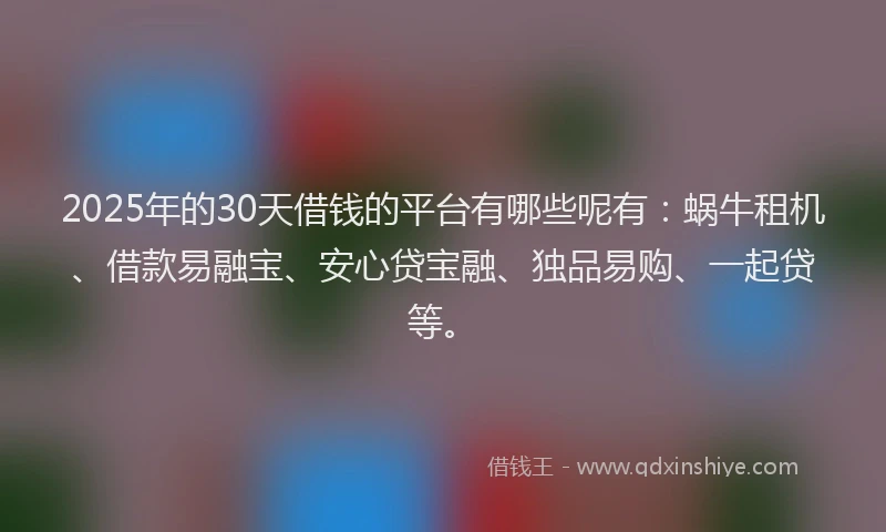 2025年的30天借钱的平台有哪些呢有:蜗牛租机、借款易融宝、安心贷宝融、独品易购、一起贷等。