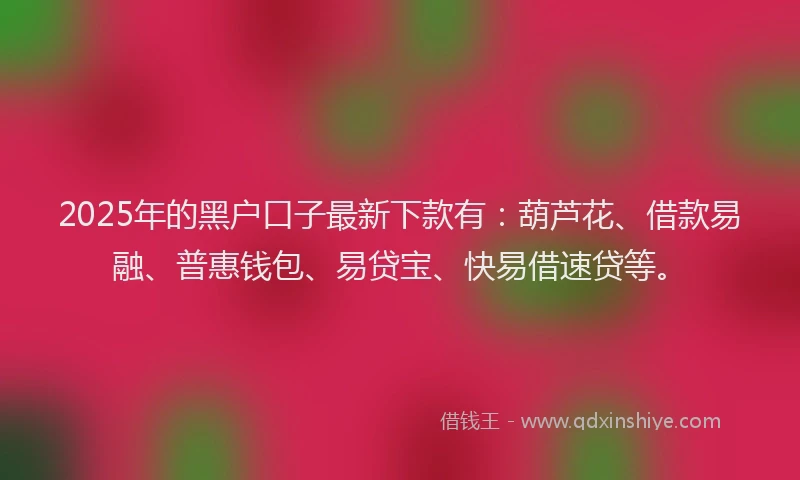 2025年的黑户口子最新下款有：葫芦花、借款易融、普惠钱包、易贷宝、快易借速贷等。