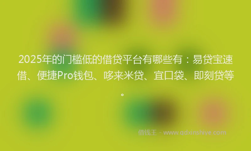 2025年的门槛低的借贷平台有哪些有:易贷宝速借、便捷Pro钱包、哆来米贷、宜口袋、即刻贷等。