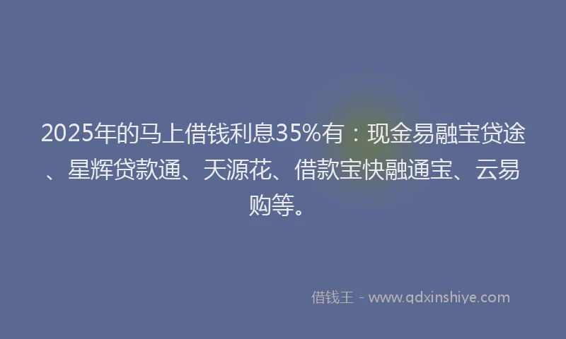 2025年的马上借钱利息35%有:现金易融宝贷途、星辉贷款通、天源花、借款宝快融通宝、云易购等。