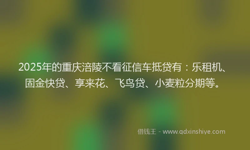 2025年的重庆涪陵不看征信车抵贷有：乐租机、固金快贷、享来花、飞鸟贷、小麦粒分期等。