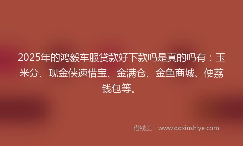 2025年的鸿毅车服贷款好下款吗是真的吗有：玉米分、现金侠速借宝、金满仓、金鱼商城、便荔钱包等。