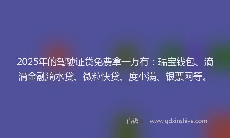 2025年的驾驶证贷免费拿一万有：瑞宝钱包、滴滴金融滴水贷、微粒快贷、度小满、银票网等。