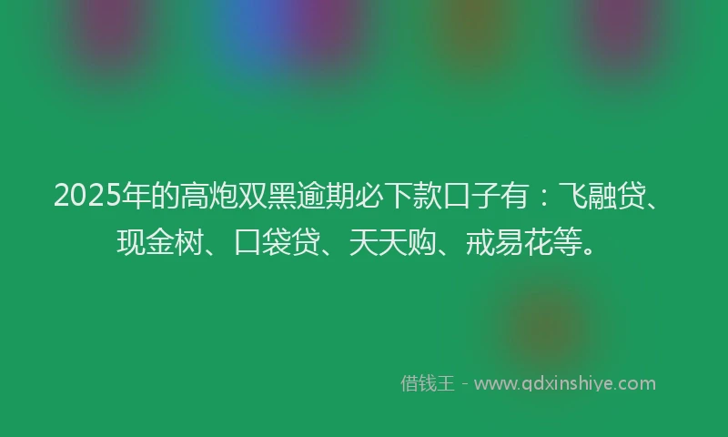 2025年的高炮双黑逾期必下款口子有：飞融贷、现金树、口袋贷、天天购、戒易花等。
