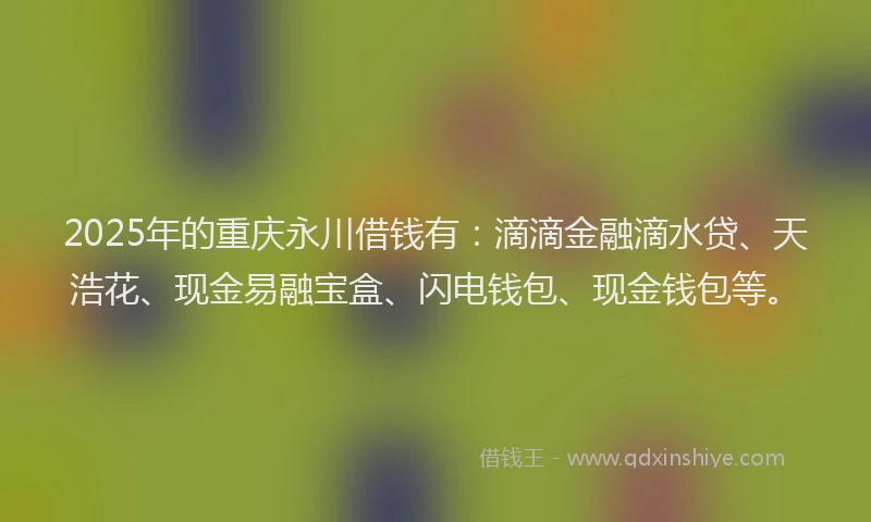 2025年的重庆永川借钱有：滴滴金融滴水贷、天浩花、现金易融宝盒、闪电钱包、现金钱包等。