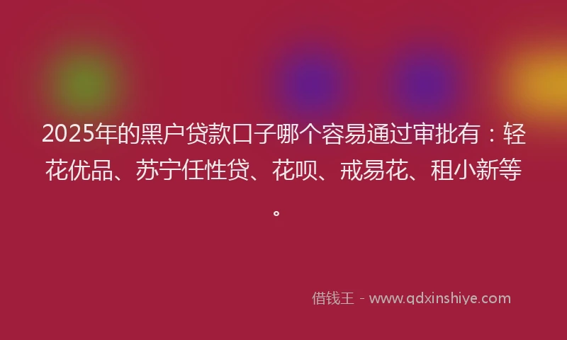 2025年的黑户贷款口子哪个容易通过审批有：轻花优品、苏宁任性贷、花呗、戒易花、租小新等。