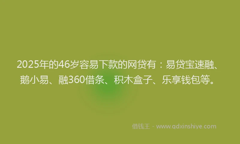 2025年的46岁容易下款的网贷有：易贷宝速融、鹅小易、融360借条、积木盒子、乐享钱包等。