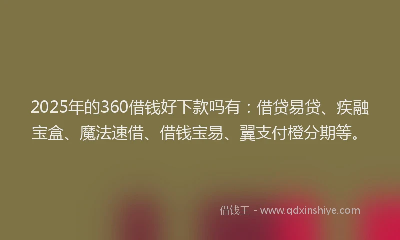 2025年的360借钱好下款吗有：借贷易贷、疾融宝盒、魔法速借、借钱宝易、翼支付橙分期等。