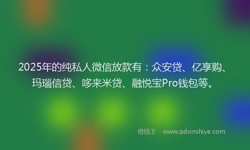 2025年的纯私人微信放款有：众安贷、亿享购、玛瑙信贷、哆来米贷、融悦宝Pro钱包等。
