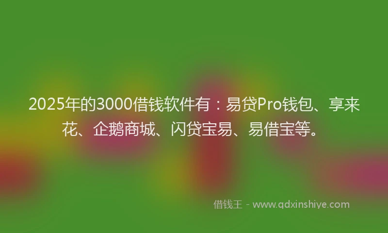 2025年的3000借钱软件有：易贷Pro钱包、享来花、企鹅商城、闪贷宝易、易借宝等。