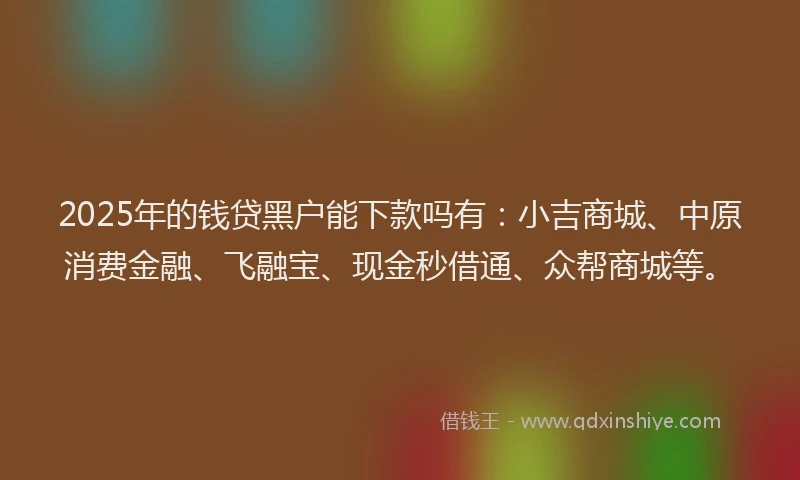 2025年的钱贷黑户能下款吗有：小吉商城、中原消费金融、飞融宝、现金秒借通、众帮商城等。