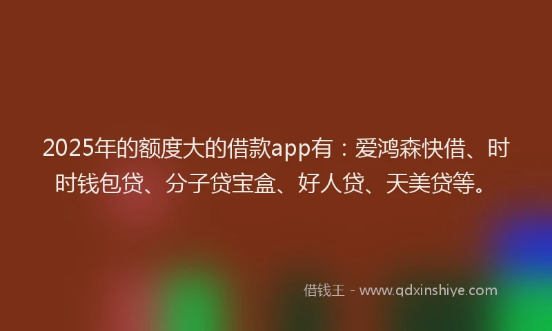 2025年的额度大的借款app有：爱鸿森快借、时时钱包贷、分子贷宝盒、好人贷、天美贷等。