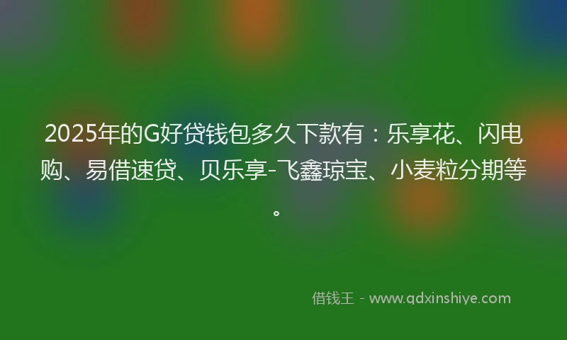 2025年的G好贷钱包多久下款有：乐享花、闪电购、易借速贷、贝乐享-飞鑫琼宝、小麦粒分期等。