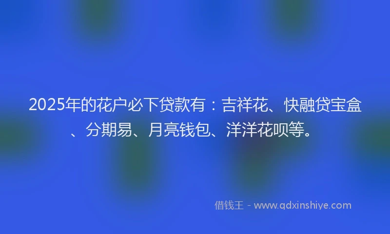 2025年的花户必下贷款有：吉祥花、快融贷宝盒、分期易、月亮钱包、洋洋花呗等。