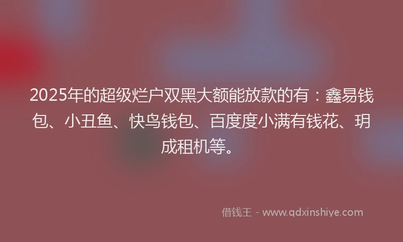2025年的超级烂户双黑大额能放款的有：鑫易钱包、小丑鱼、快鸟钱包、百度度小满有钱花、玥成租机等。