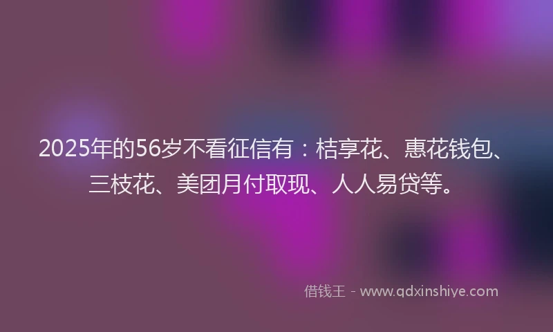 2025年的56岁不看征信有：桔享花、惠花钱包、三枝花、美团月付取现、人人易贷等。