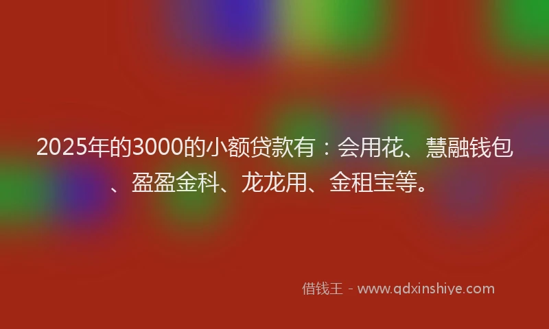 2025年的3000的小额贷款有：会用花、慧融钱包、盈盈金科、龙龙用、金租宝等。