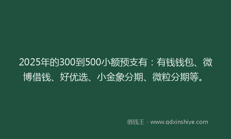 2025年的300到500小额预支有：有钱钱包、微博借钱、好优选、小金象分期、微粒分期等。