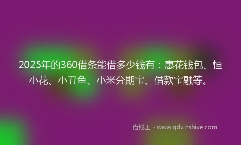 2025年的360借条能借多少钱有：惠花钱包、恒小花、小丑鱼、小米分期宝、借款宝融等。