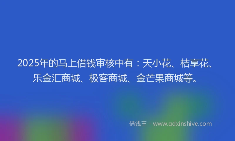 2025年的马上借钱审核中有：天小花、桔享花、乐金汇商城、极客商城、金芒果商城等。