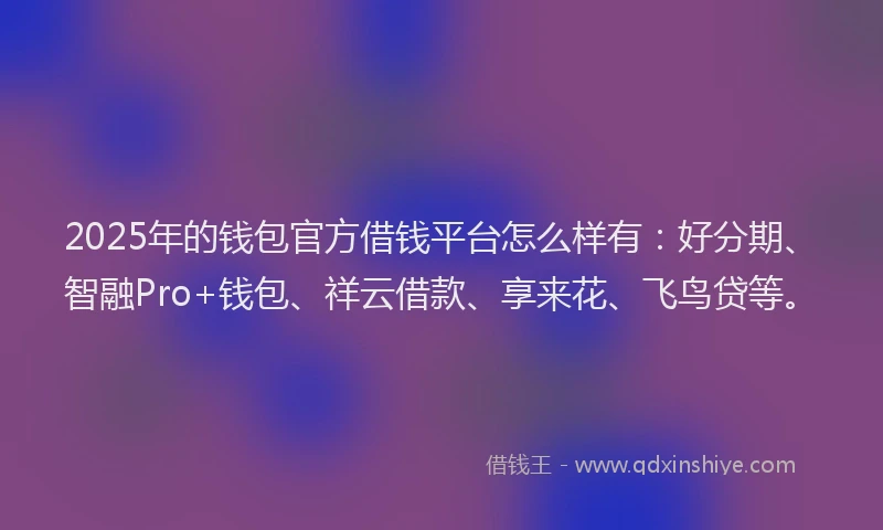 2025年的钱包官方借钱平台怎么样有:好分期、智融Pro+钱包、祥云借款、享来花、飞鸟贷等。
