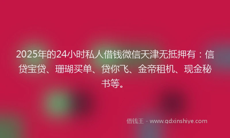 2025年的24小时私人借钱微信天津无抵押有：信贷宝贷、珊瑚买单、贷你飞、金帝租机、现金秘书等。