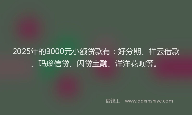 2025年的3000元小额贷款有：好分期、祥云借款、玛瑙信贷、闪贷宝融、洋洋花呗等。