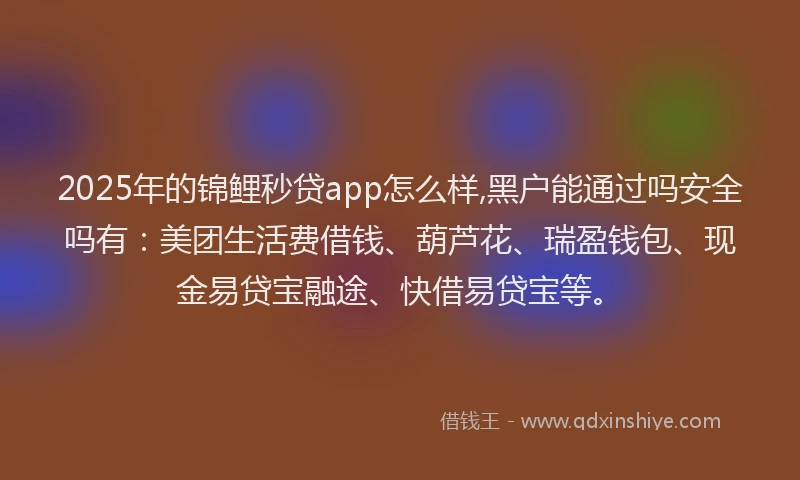 2025年的锦鲤秒贷app怎么样,黑户能通过吗安全吗有：美团生活费借钱、葫芦花、瑞盈钱包、现金易贷宝融途、快借易贷宝等。
